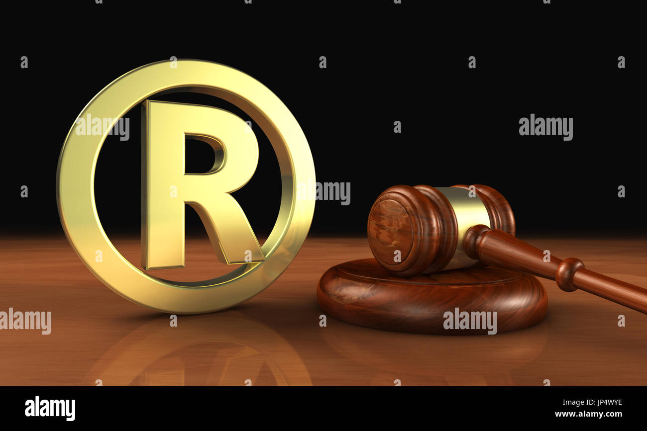 Registered trademark law business concept with golden trade mark symbol and gavel 3D illustration. Stock Photo