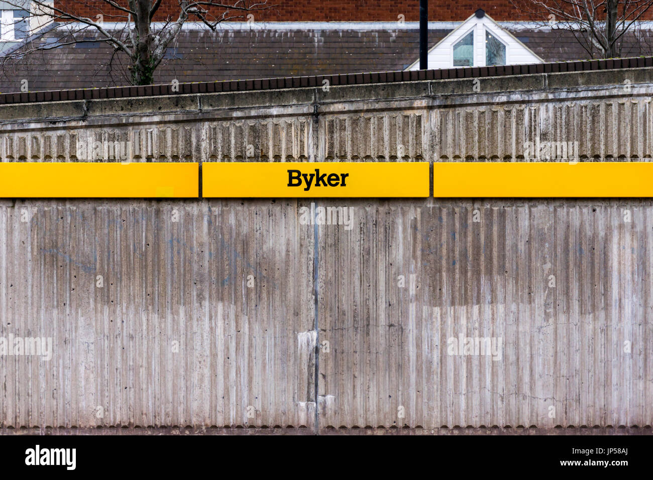 Sign for Byker station on Tyne and Wear Metro system Stock Photo
