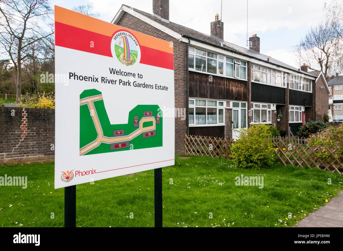 A sign for Phoenix River Park Gardens Estate in South London Stock Photo