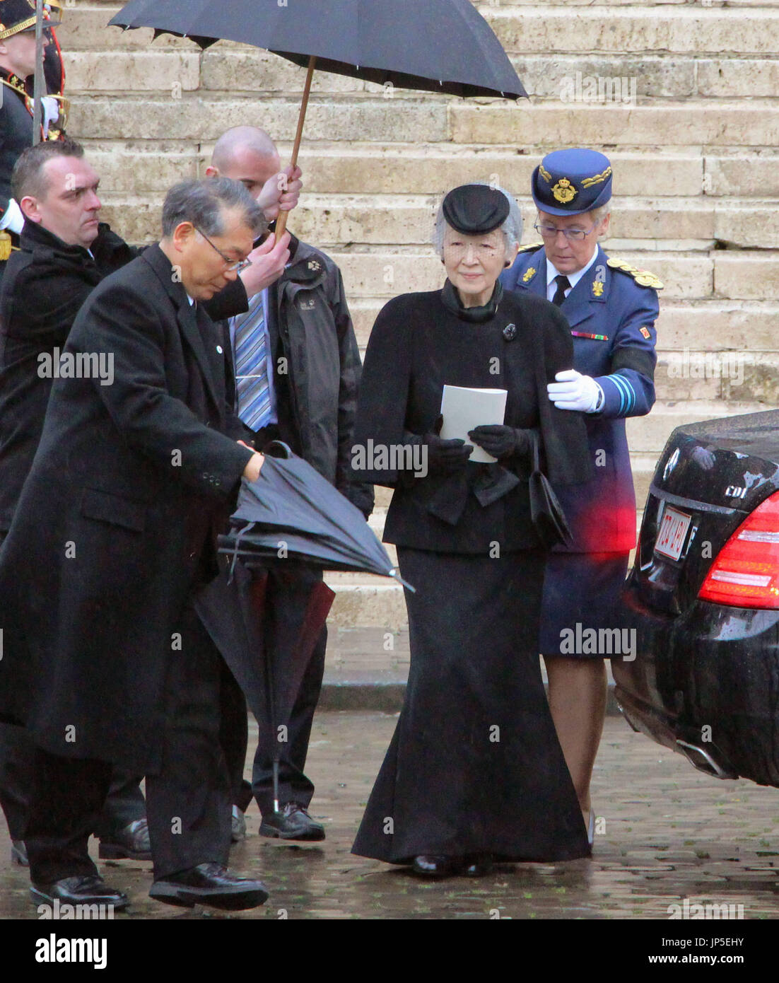 BRUSSELS, Belgium - Photo taken on Dec. 12, 2014, shows Japanese Empress Michiko, who attended a state funeral in Brussels for Belgian Dowager Queen Fabiola. Emperor Akihito and Empress Michiko developed a close friendship with the late King Baudouin and Queen Fabiola, and the Japanese imperial couple attended a funeral for the king when he died in 1993. (Kyodo) Stock Photo