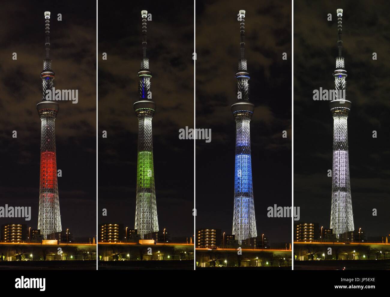 Tokyo Japan Tokyo Skytree The World S Tallest Free Standing Tower Is Illuminated In The Three Primary Colors Of Red Green And Blue From L And Their Combined Color Of White Far R
