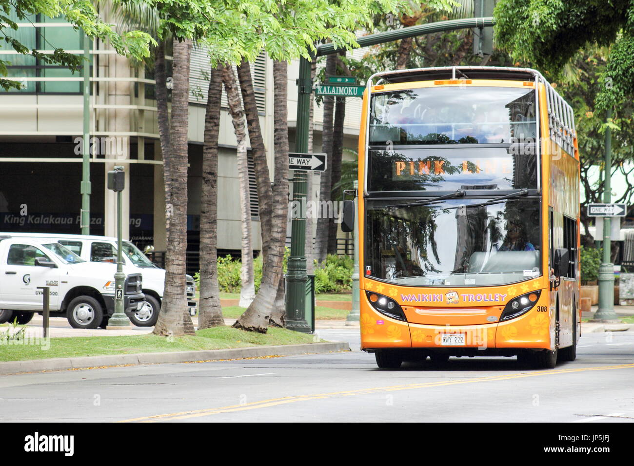 Honolulu, Hawaii - May 25, 2016: Pink Line Waikiki Trolley Bus. The Waikiki  Trolley transport system is the easy, fun and affordable way to experienc  Stock Photo - Alamy