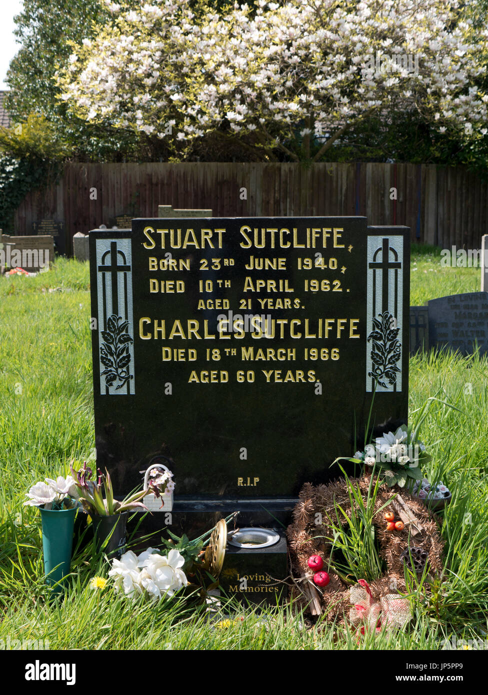 Grave of former Beatle, Stuart Sutcliffe at Huyton Parish Church, Bluebell Lane, Liverpool. He died in Hamburg on 10-4-1962 of a brain aneurysm. Stock Photo