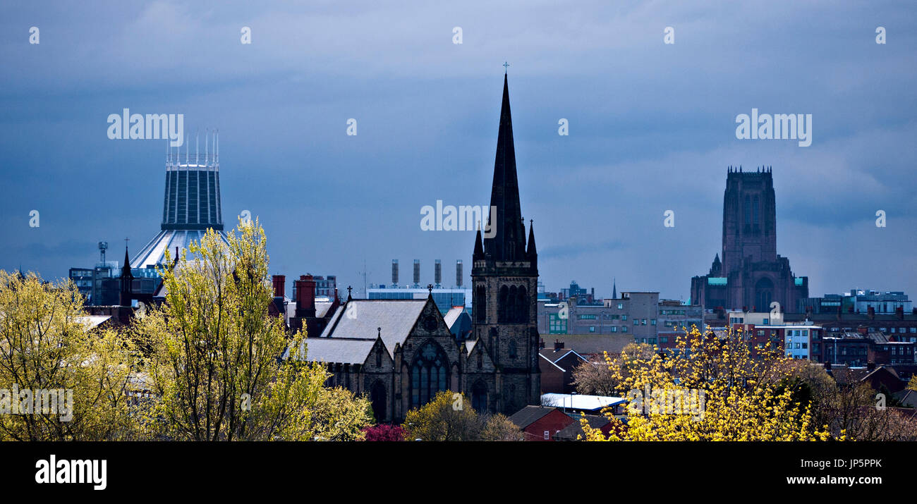 Liverpool skyline showing (left) R C Cathedral, (Centre) St Francis Xavier's catholic Jesuit church and (right) Liverpool Anglican Cathedral. Stock Photo