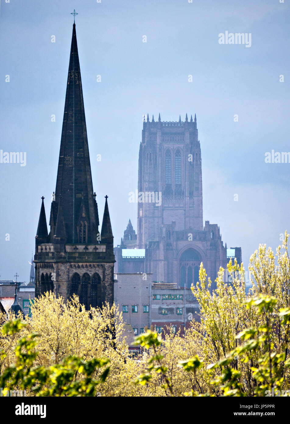 Liverpool skyline showing (left) the spire of St Francis Xavier's catholic Jesuit church (opened 1848) and (right) Liverpool Anglican Cathedral. Stock Photo