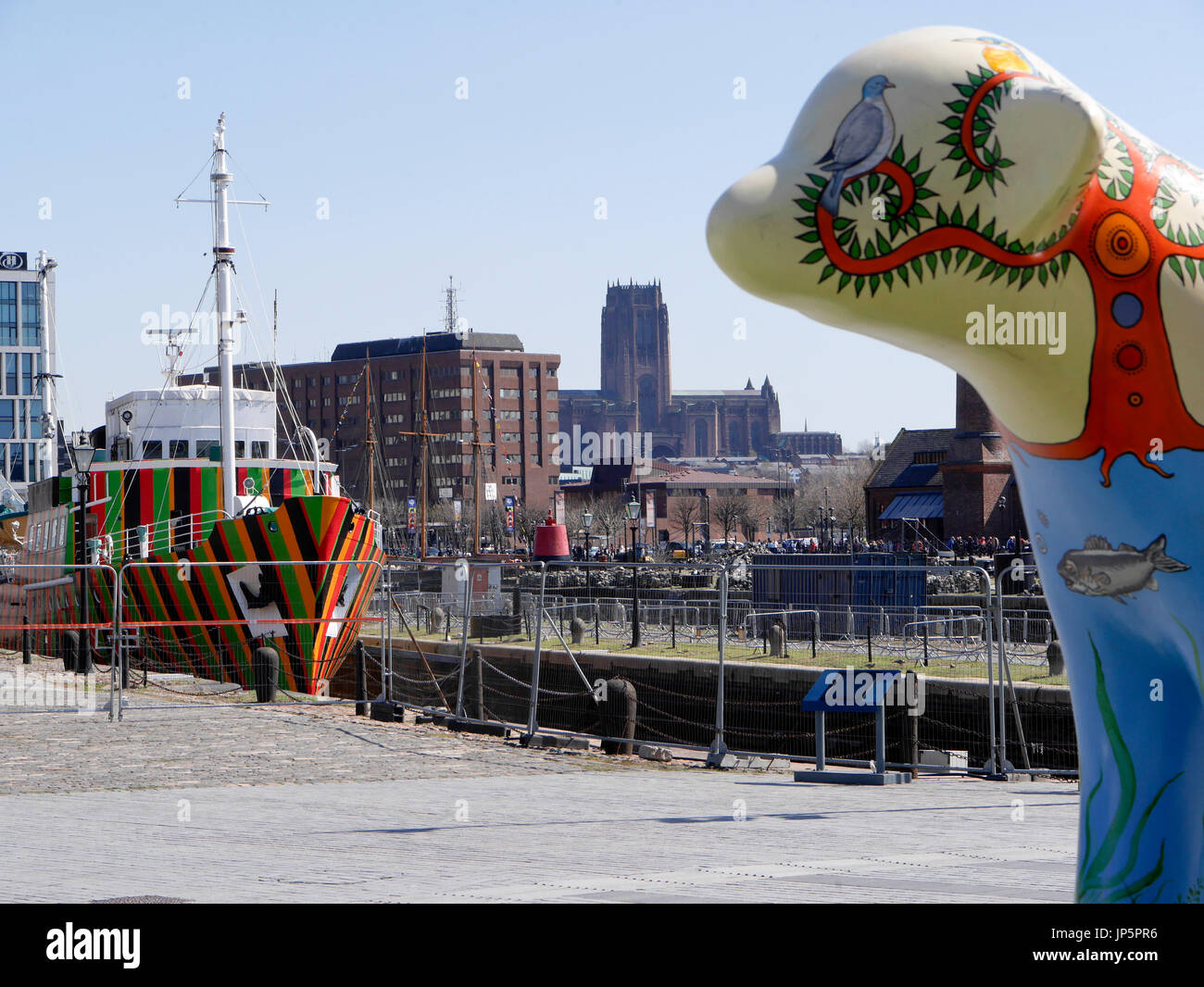 View across Canning Half-Tide Dock towards Liverpool Cathedral, with pilot ship Edmund Gardner in dazzle livery and Lambanana. Stock Photo