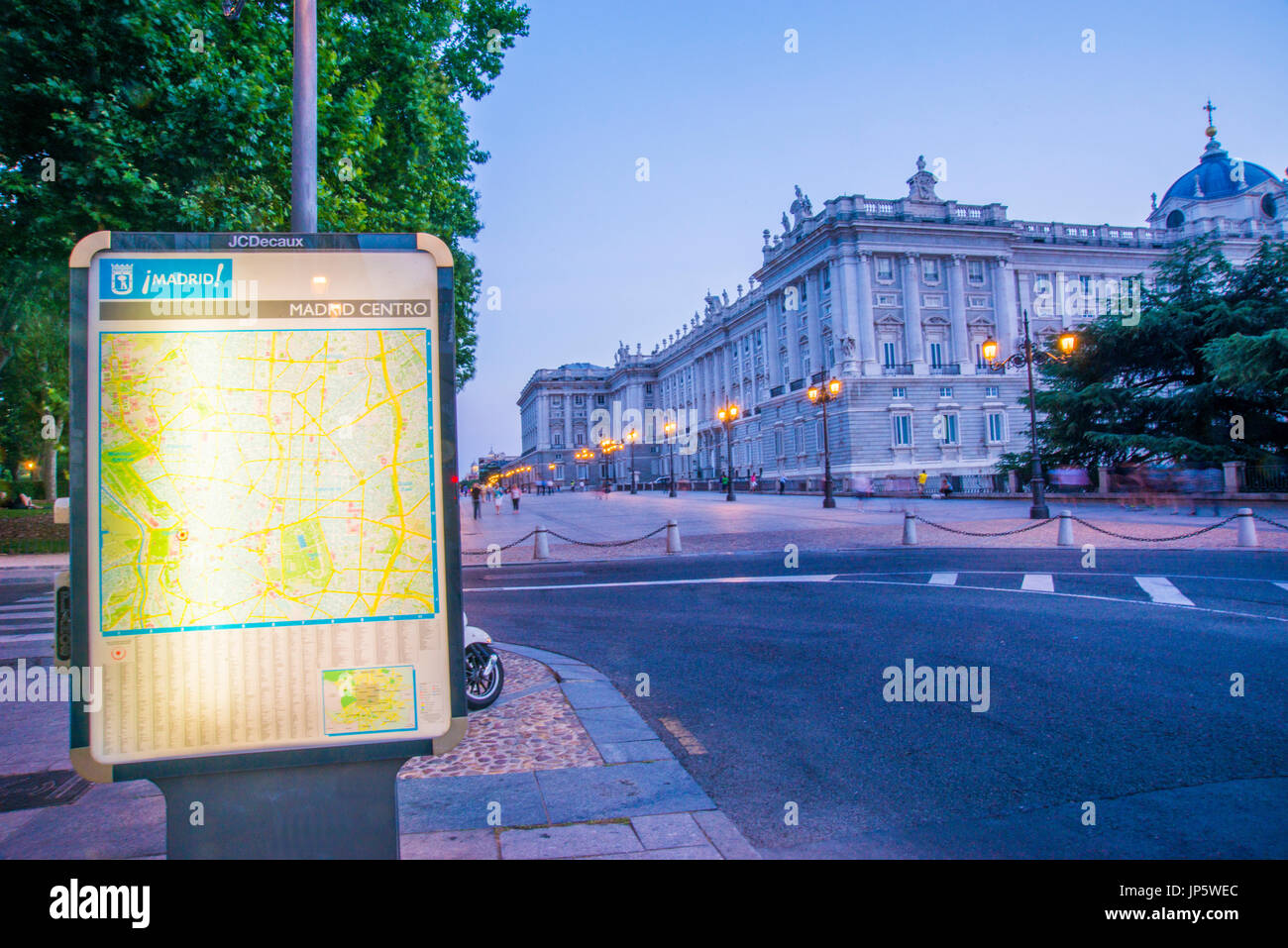City map and Royal Palace, night view. Bailen street, Madrid, Spain. Stock Photo