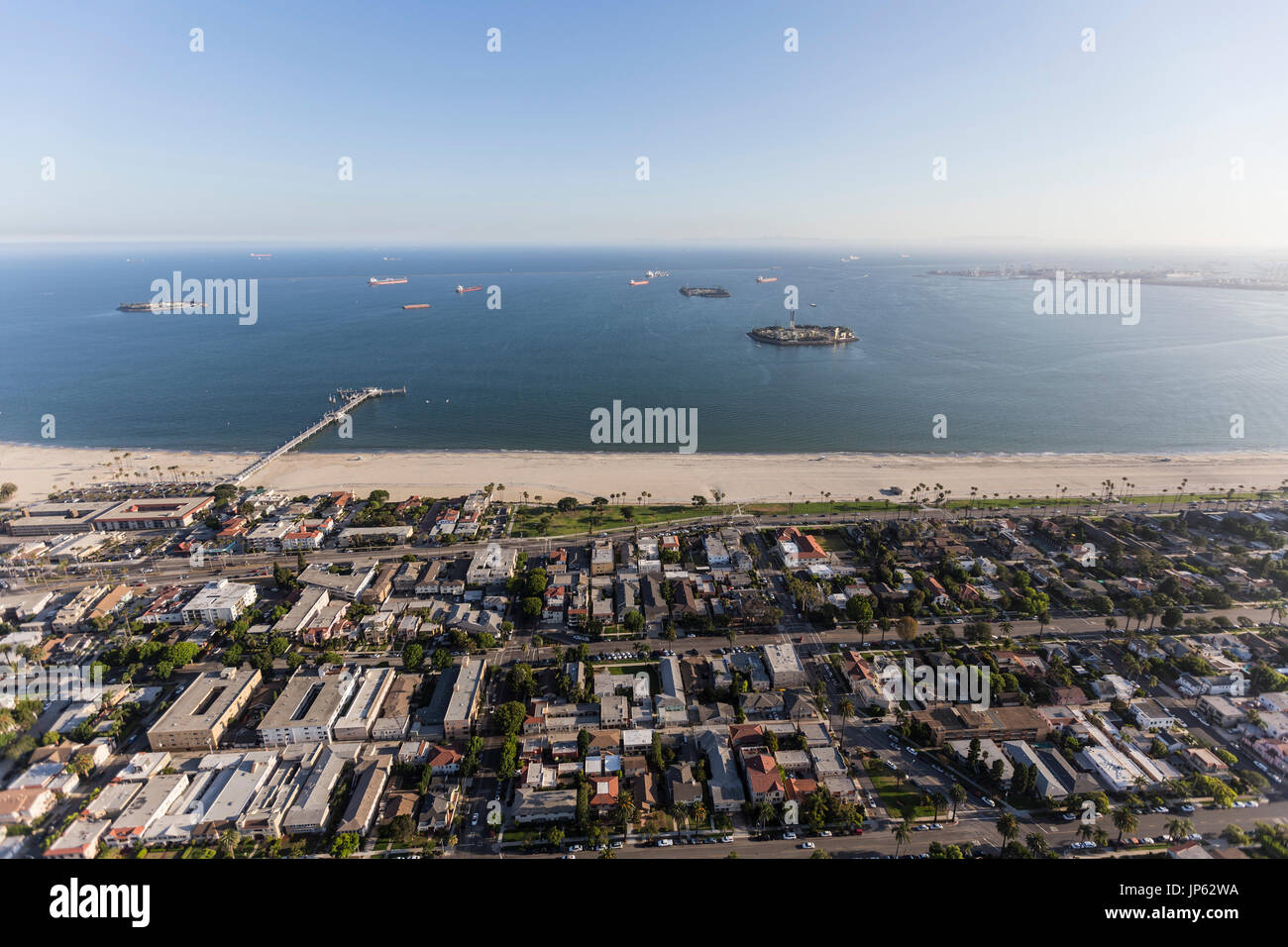 Aerial view of the Bluff Park and Belmont Shore neighborhoods in Long Beach, California. Stock Photo