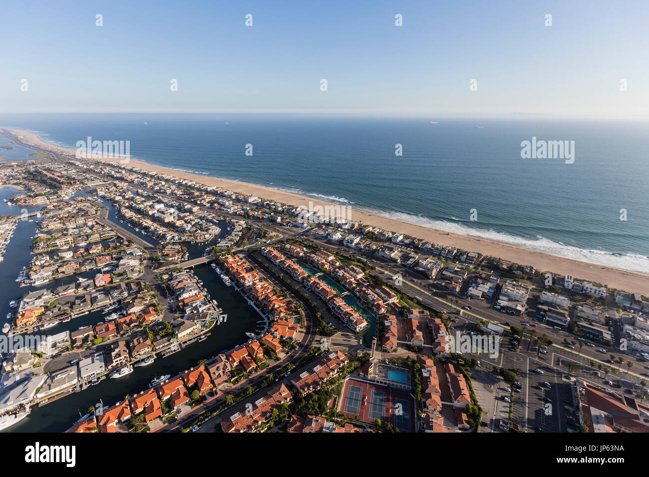 Aerial of Sunset Beach waterfront neighborhood in Orange County, California. Stock Photo
