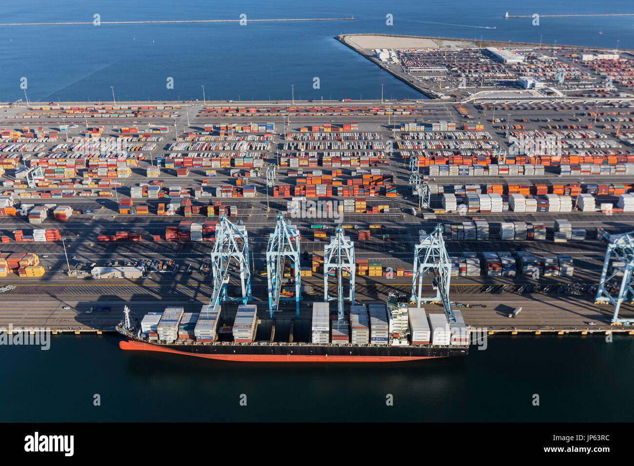 Los Angeles, California, USA - July 10, 2017:  Aerial view of Terminal Island cargo containers and ship in Southern California. Stock Photo