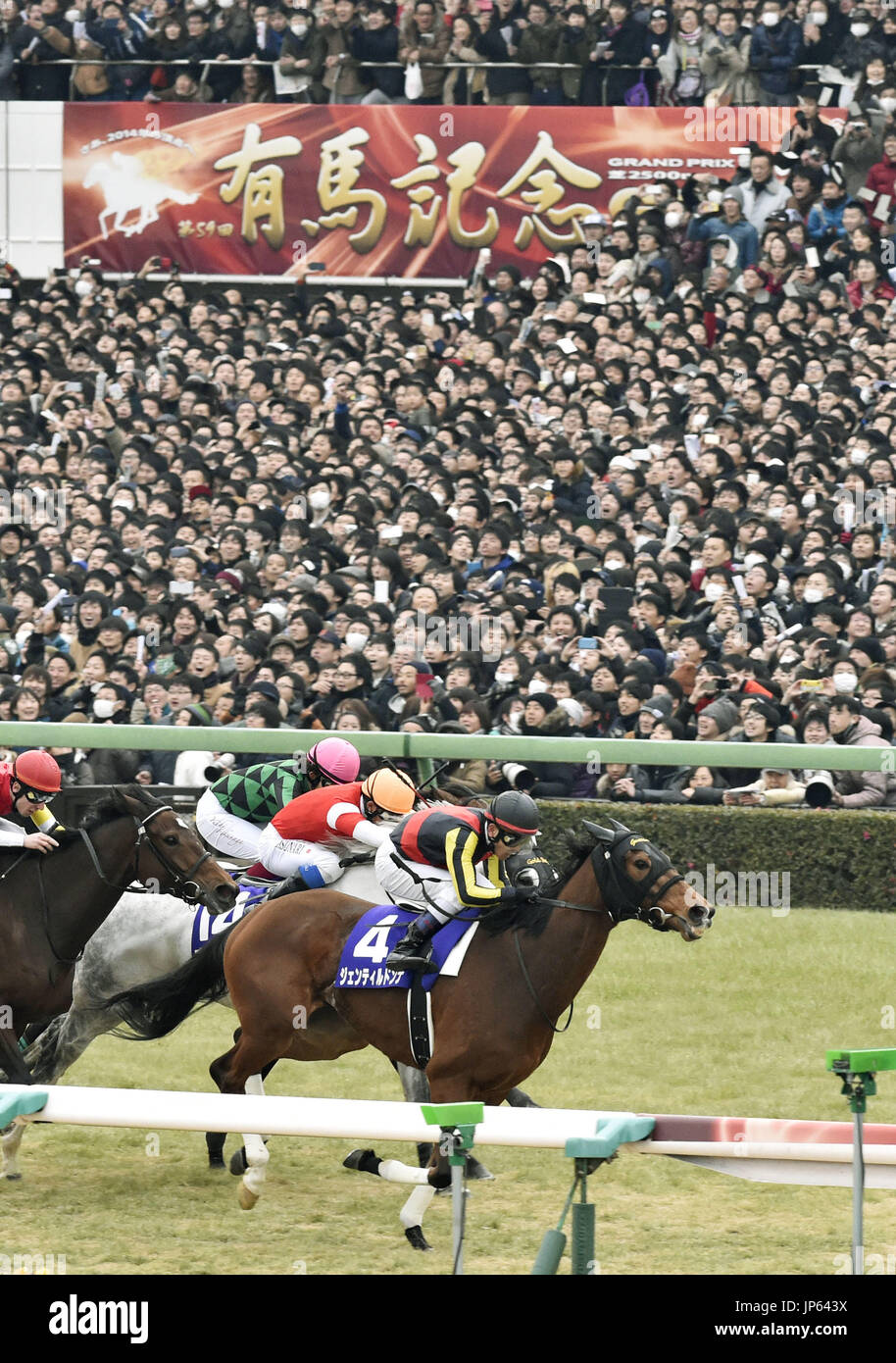 FUNABASHI, Japan - Fourth pick Gentildonna (4) ridden by Keita Tosaki scores a crowning victory in the Arima Kinen race, the last race of her career, at Nakayama Racecourse in Funabashi, Chiba Prefecture, on Dec. 28, 2014. She became the fifth horse in Japan Racing Association history to win seven G1 titles. (Kyodo) Stock Photo
