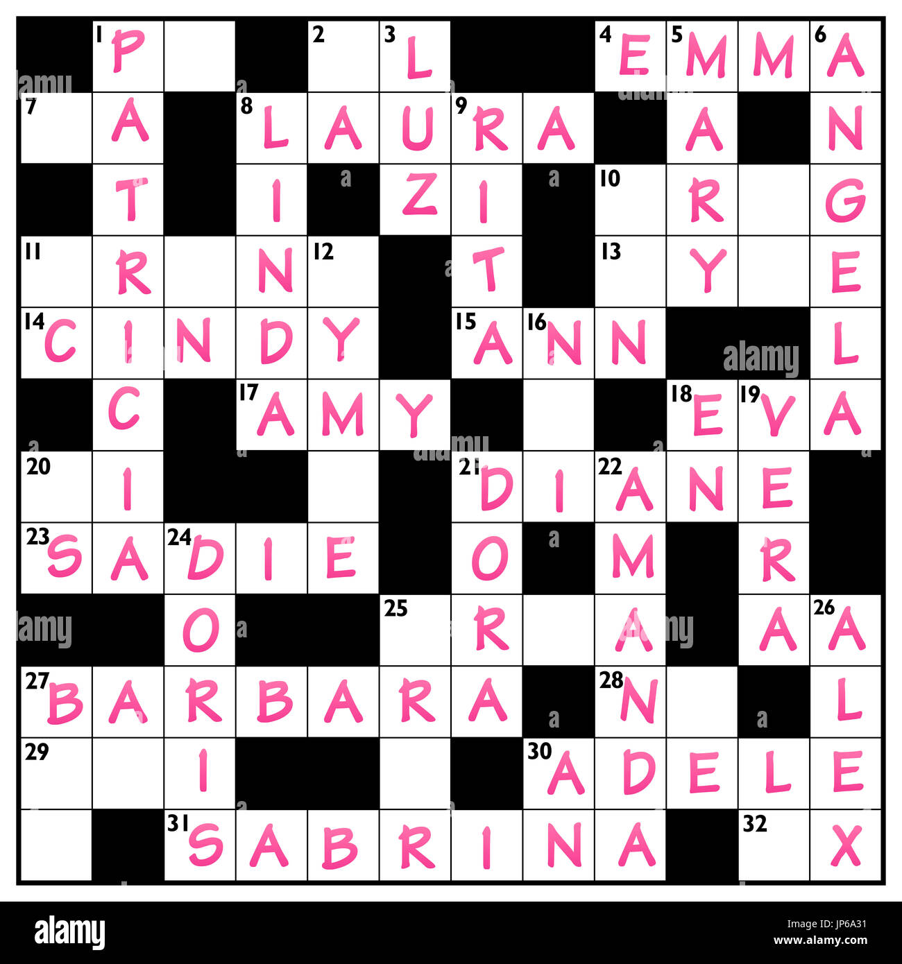 Popular girls names written in a crossword puzzle with pink ink. Stock Photo
