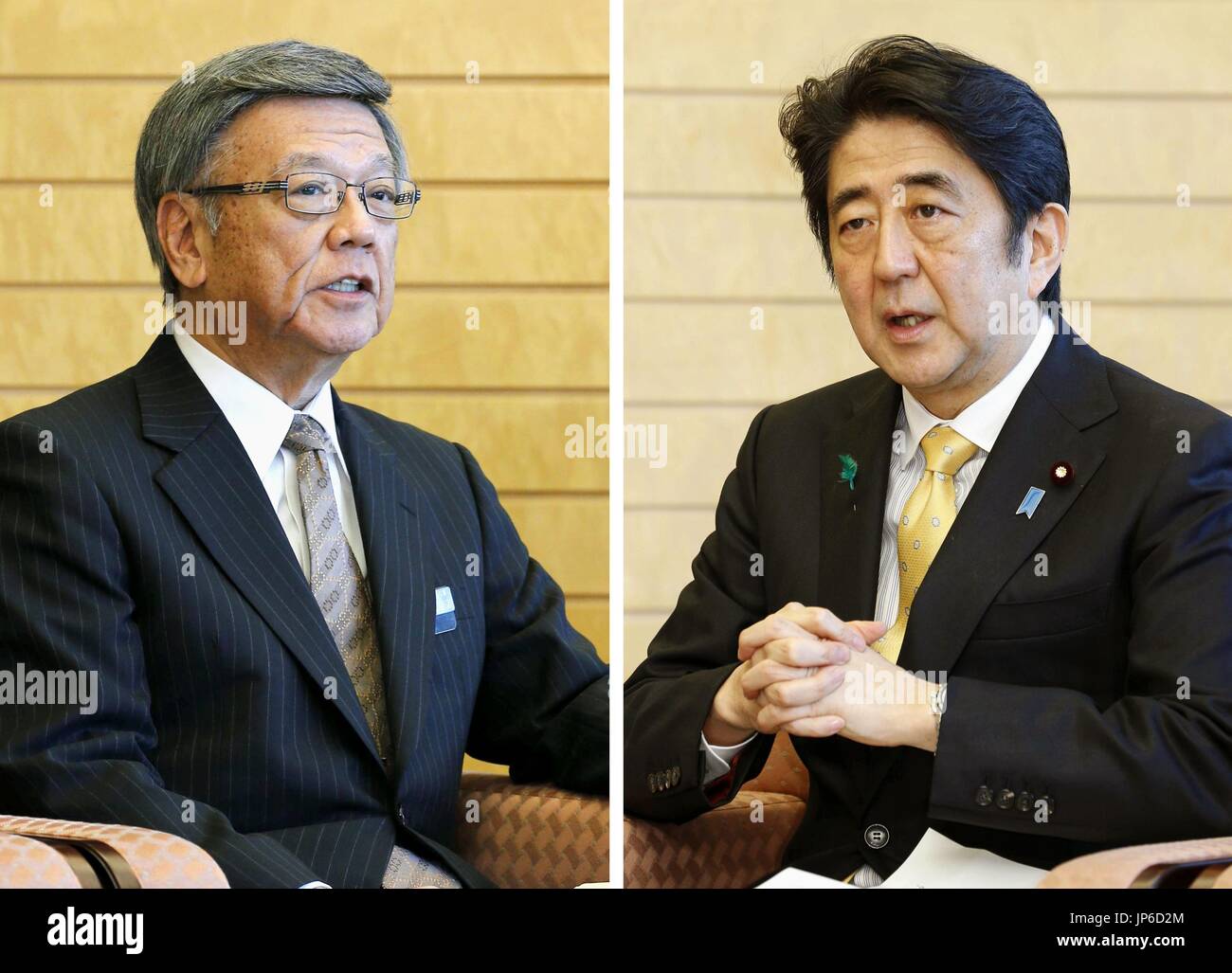 Combined photo shows Okinawa Gov. Takeshi Onaga (L) and Prime Minister