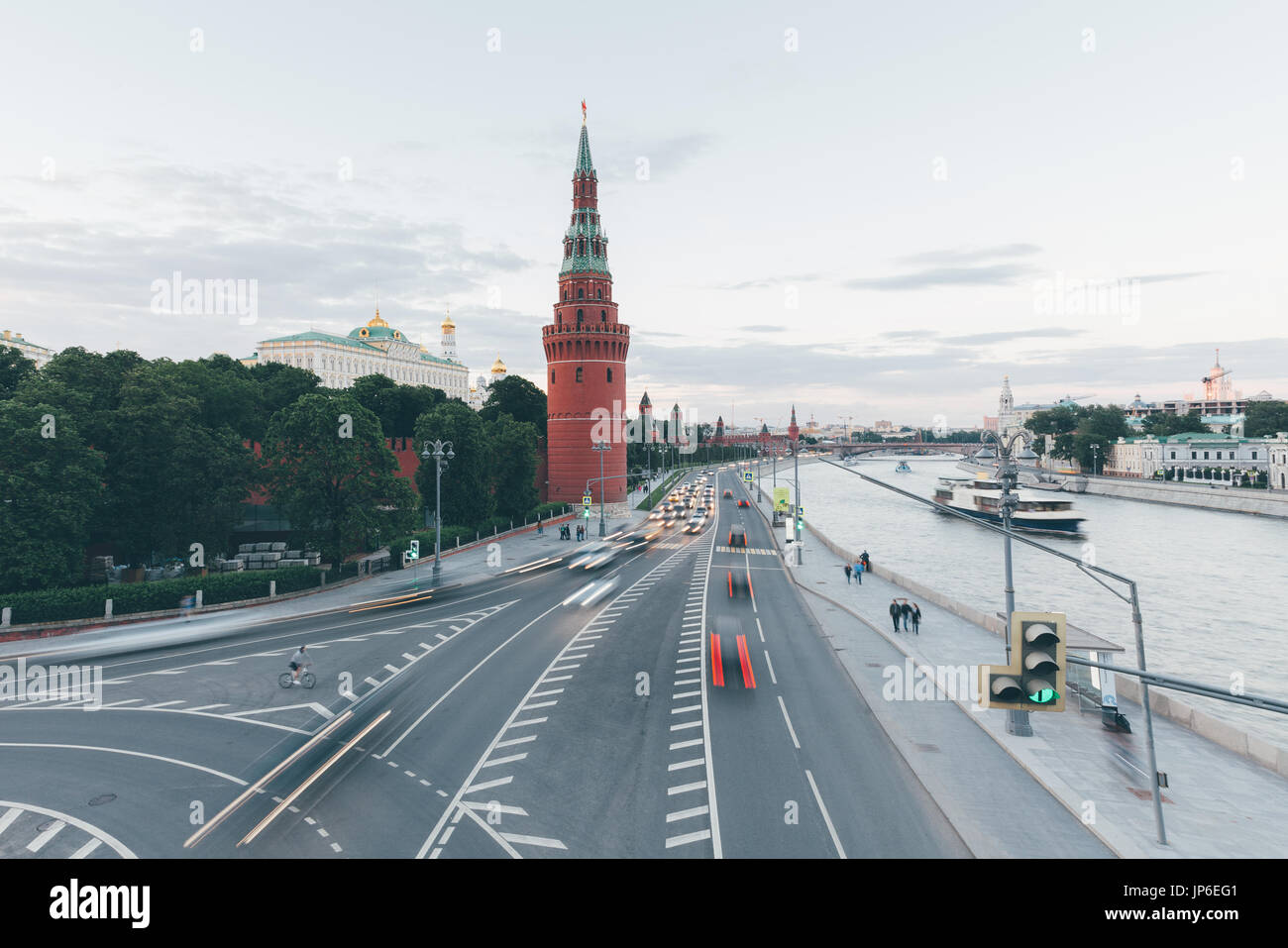Sunset view of the Moscow Kremlin from Bolshoy Kamenny Bridge, Moscow, Russia. Stock Photo