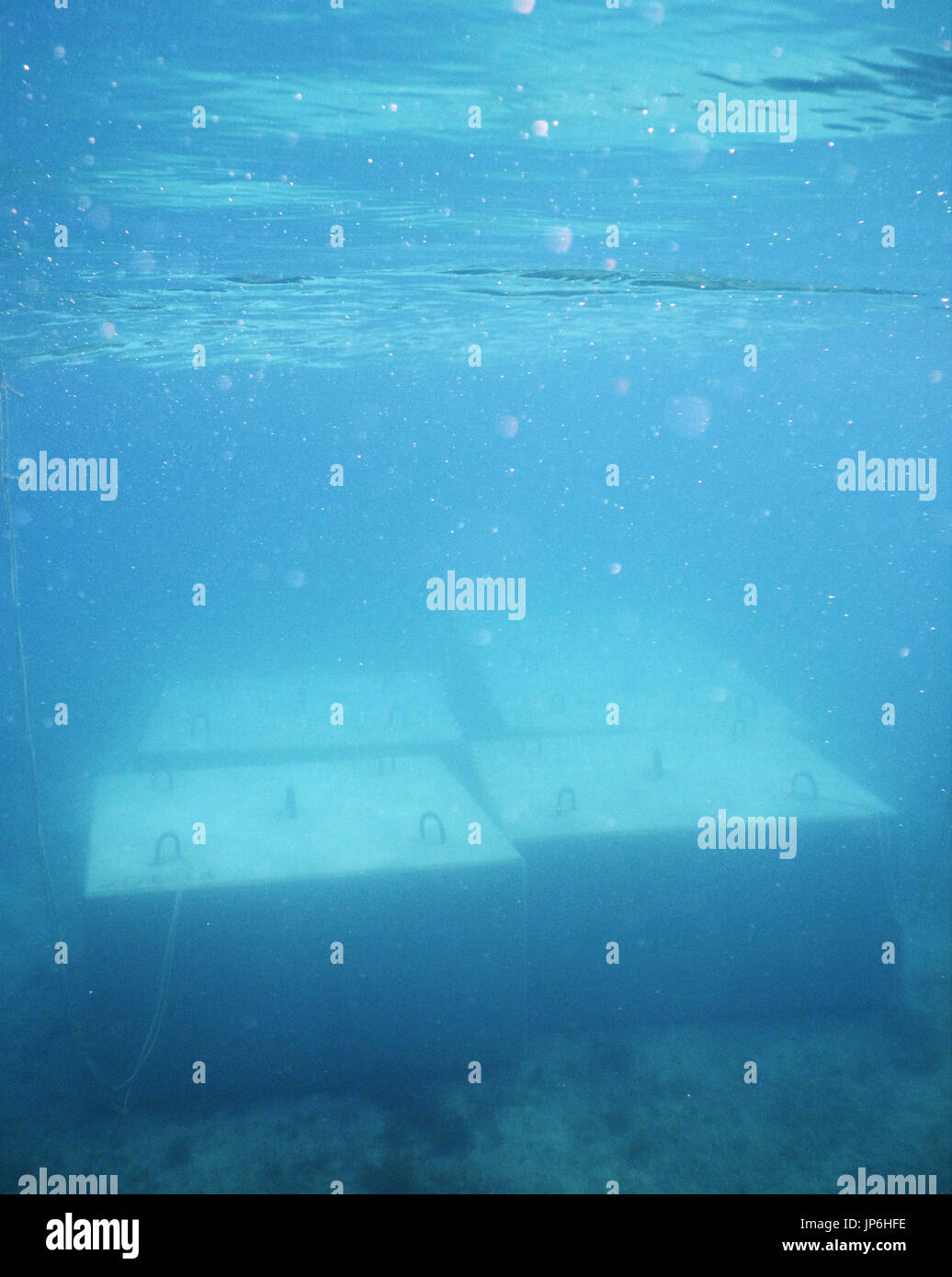 Photo taken on Feb. 20, 2015, shows submerged large concrete blocks on the seabed off the District of Henoko in Nago, Okinawa Prefecture, southwestern Japan, in preparation for a seabed-boring survey. The Okinawa prefectural government will conduct an underwater survey of the prospective site to be reclaimed for a new U.S. Marine Corps base from Feb. 24 following a claim by a citizens' group that the concrete blocks may be damaging coral reefs. (Kyodo) ==Kyodo Stock Photo