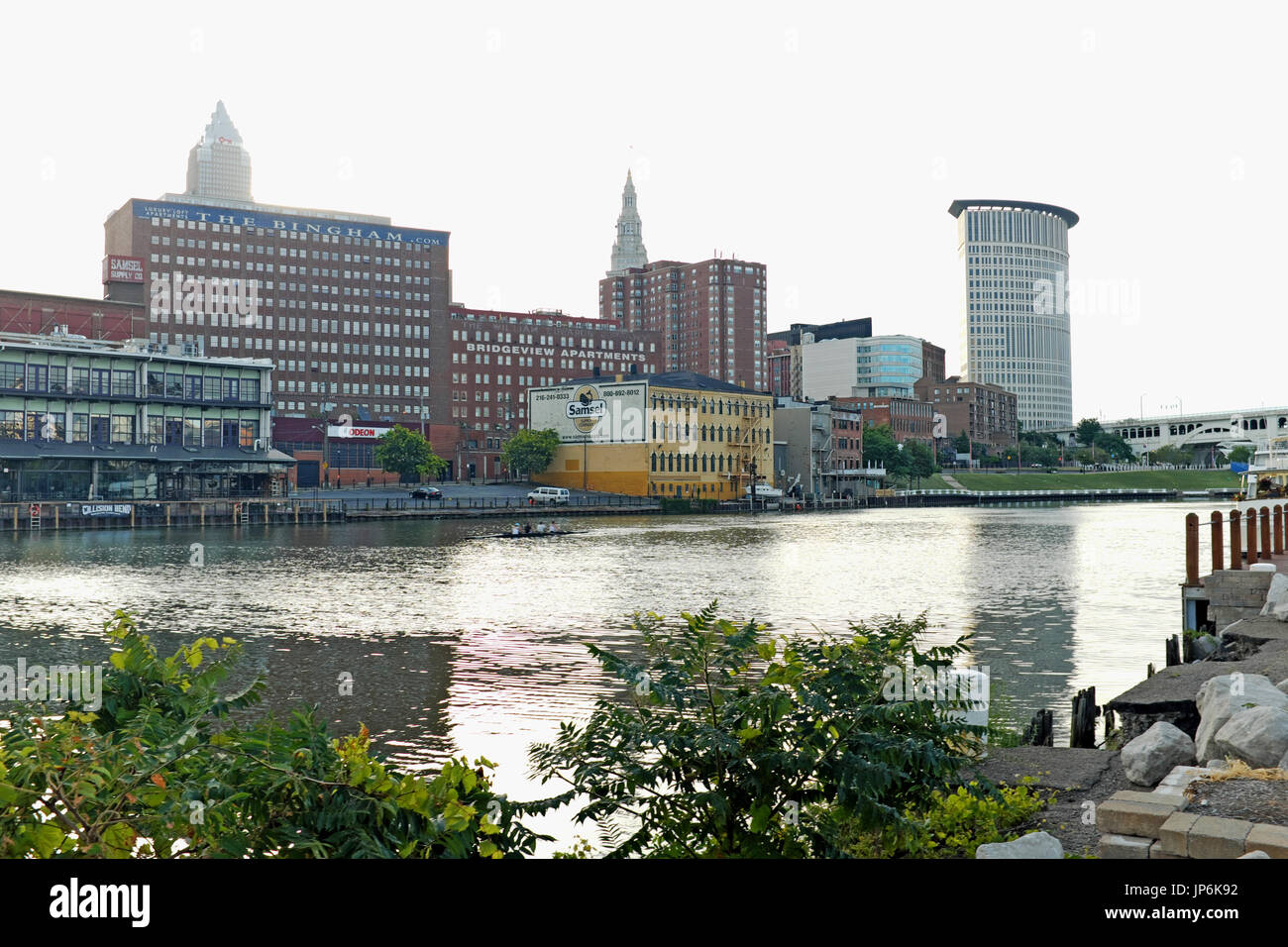 The East Bank of the Flats near downtown Cleveland with the Cuyahoga River in front as viewed from the West Bank of the Flats. Stock Photo