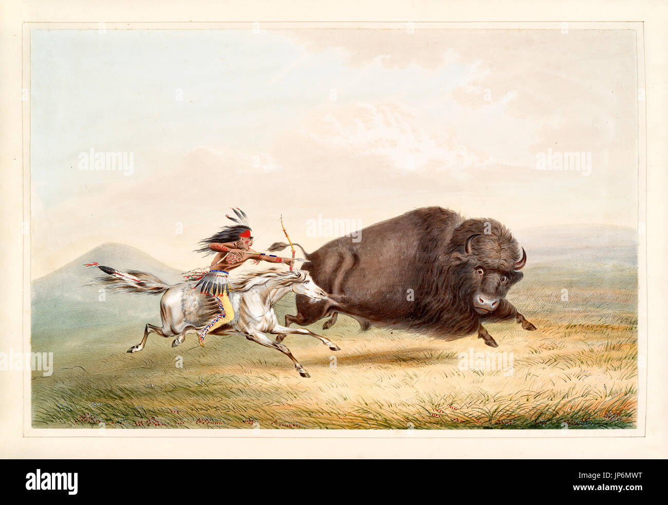 Native American hunting a buffalo or bison with bow and arrow 107