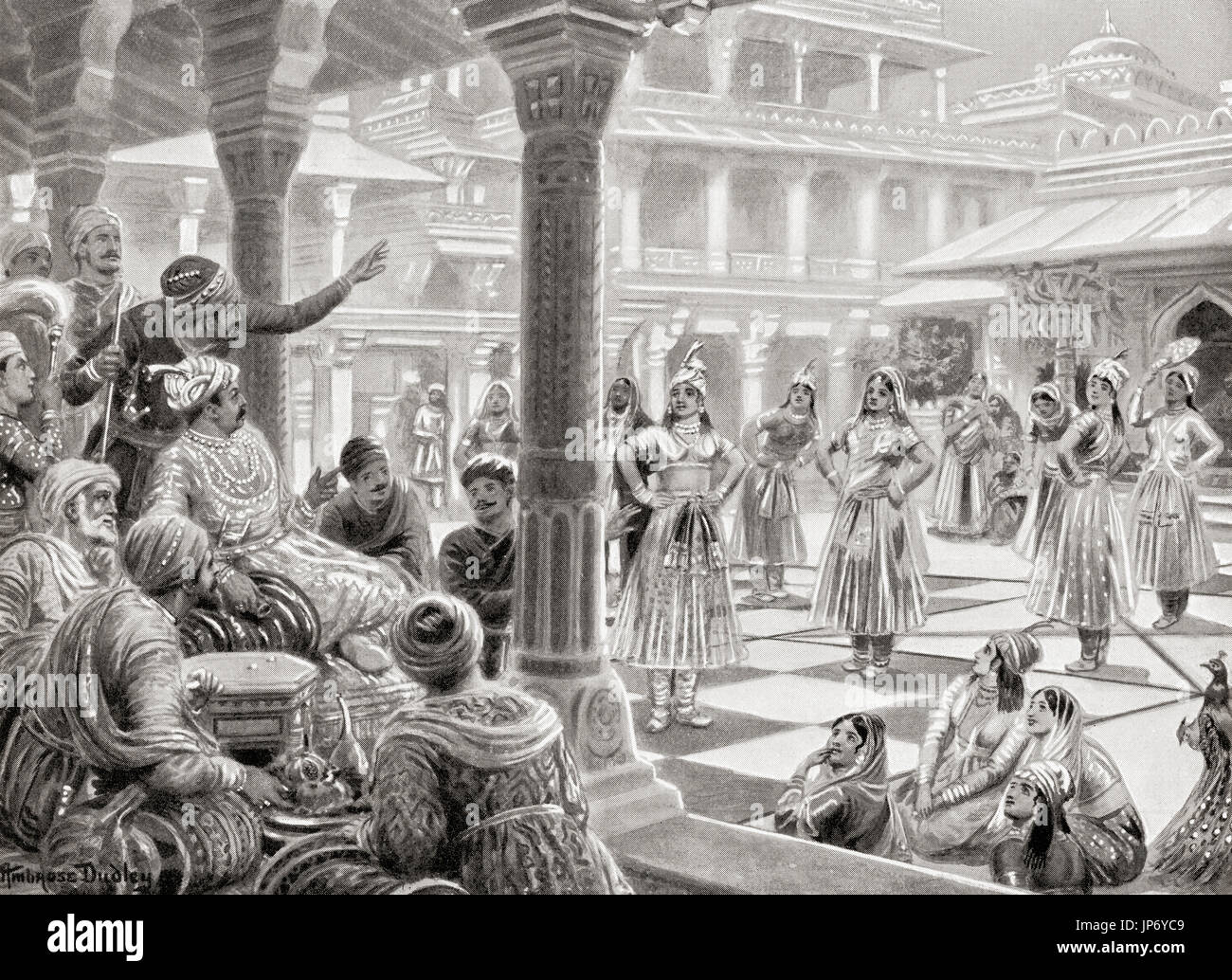 Akbar plays pachisi or chaupur with live pieces at Fatehpur Sikri in 1575.  A game played on a cross chess-board by two opponents whose object is to get all the men into the centre of the cross first, Akbar liked to play the game with slave girls from his court as pieces.  Abu'l-Fath Jalal-ud-din Muhammad, 1542 - 1605, aka Akbar I or Akbar the Great.  Third Mughal emperor.  After the painting by Ambrose Dudley, (1867 - 1951). From Hutchinson's History of the Nations, published 1915. Stock Photo