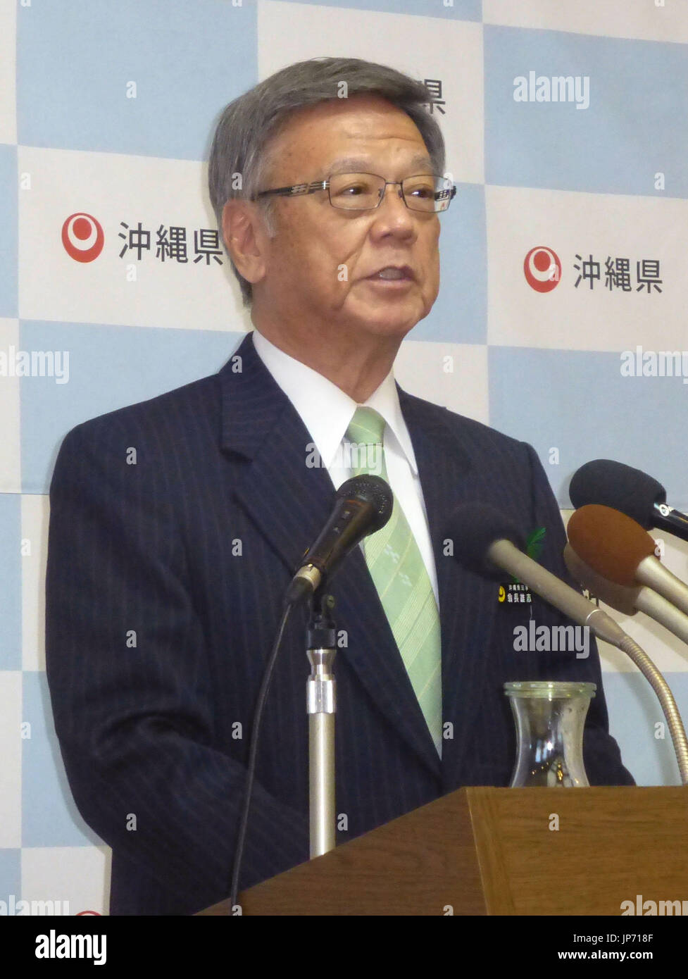 Okinawa Gov. Takeshi Onaga attends a press conference in the prefectural capital, Naha, on Feb. 13, 2015. He indicated he may issue an order to temporarily suspend preparations to resume an offshore boring survey for the planned construction of a U.S. base replacement in the Henoko district in the face of criticism that the survey work is harmful to coral reef. (Kyodo) ==Kyodo Stock Photo