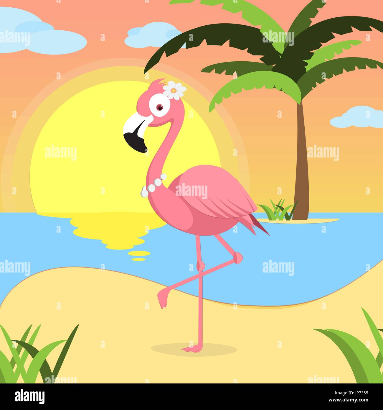 Summer background with Pink flamingo, of beach at sunset with waves, clouds and palm tree on the horizont. seaside view poster. vector illustration. Flat design Stock Vector