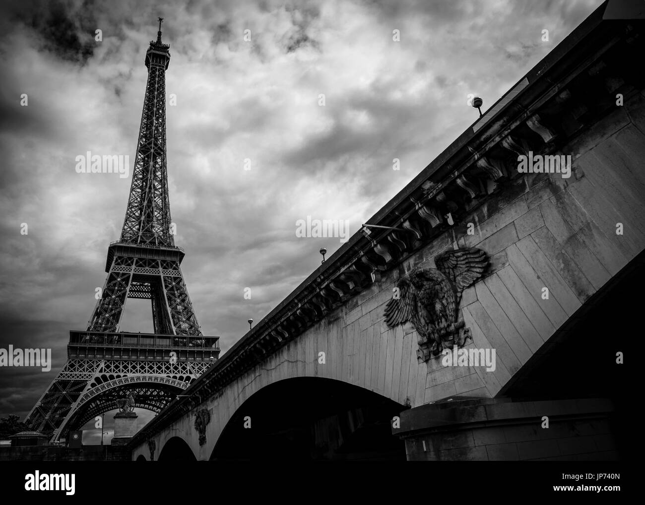 Eiffel Tower in Paris photographed from a boat travelling along the river Seine Stock Photo