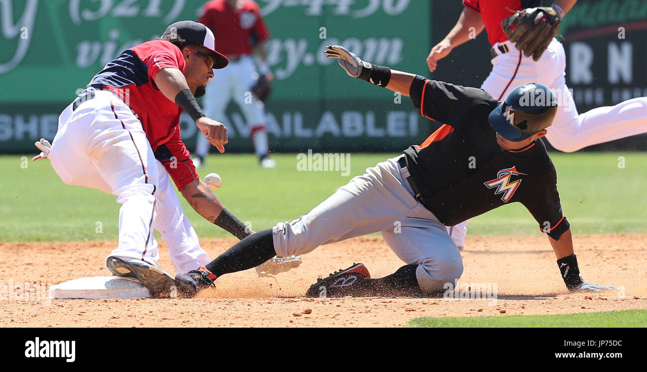 Ichiro Rookie Spring Training Ichiro Suzuki of the Miami Marlins steals second base in the fifth ...