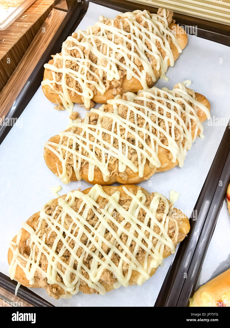 Closed up Pork floss bread with mayonnaise topping Stock Photo