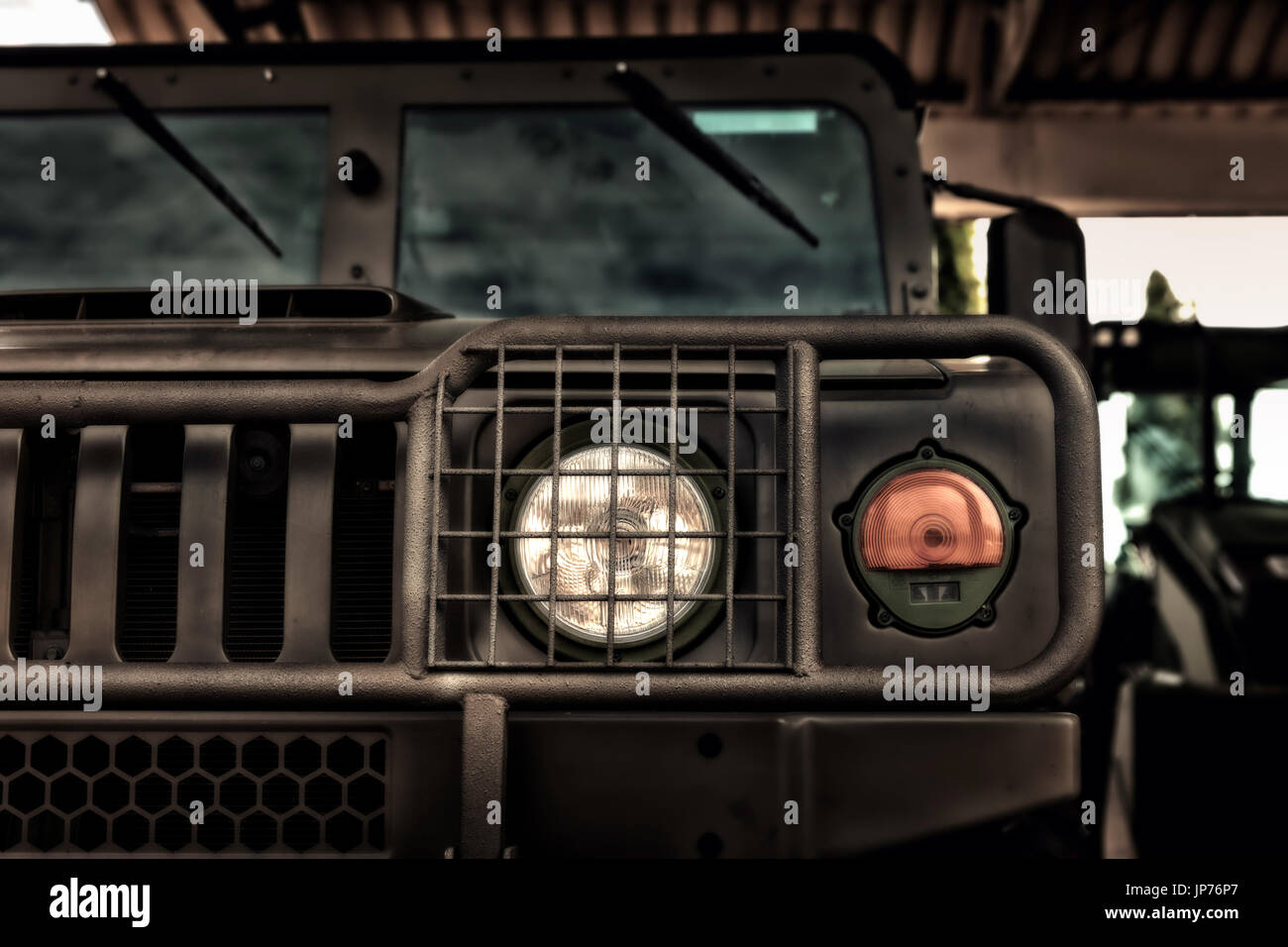 Military transportation technology close-up, Famous all over the world US army Hummer off road car in close up photo at the nature light Stock Photo