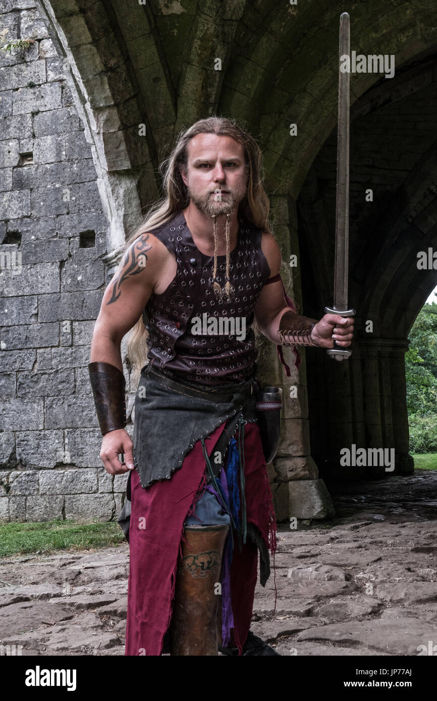 Medieval Re Enactment Viking Warrior Soldier Young Man With Long