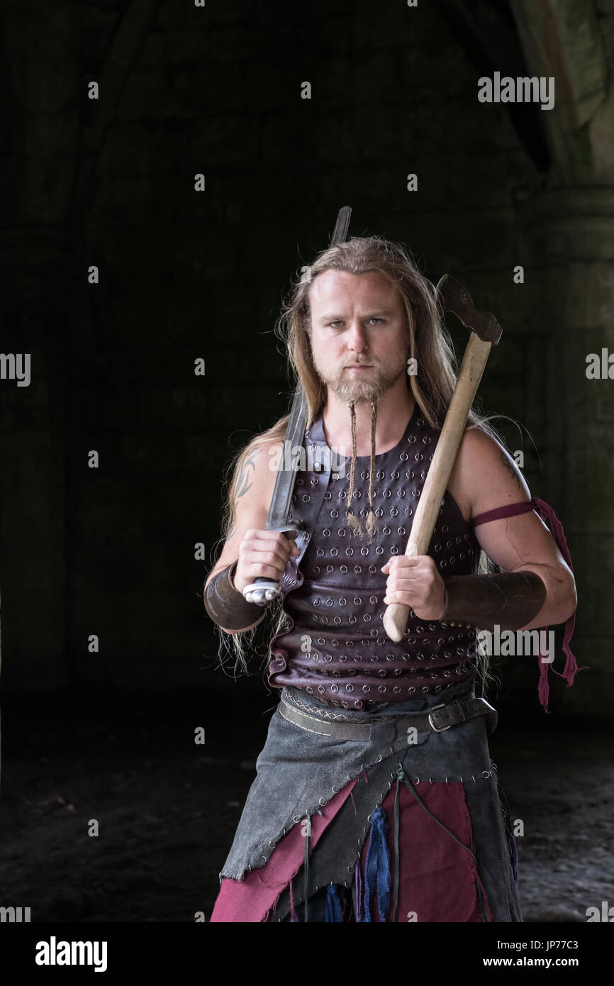 Medieval Re Enactment Viking Warrior Soldier Young Man With Long