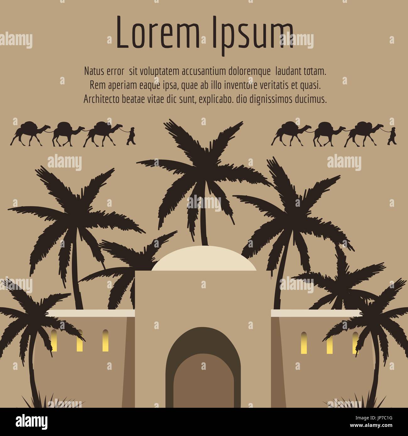 Arabian house, palm tree, camels backround, vector illustration Stock Vector