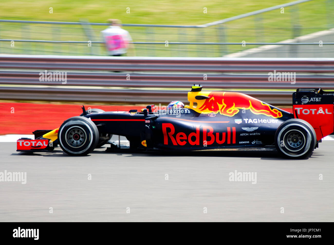 Red Bull at the the first corner of the Silverstone Grand Prix circuit during the 2016 British Formula 1 Grand Prix Stock Photo