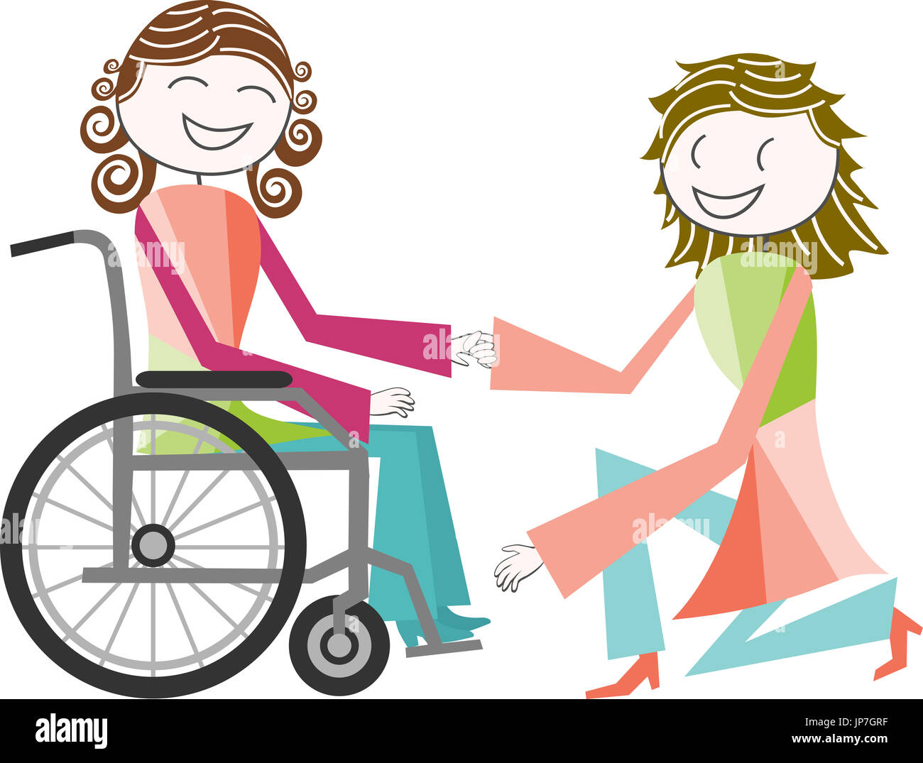 A disabled person in a wheelchair is assisted by a person, friend or caregiver Stock Photo