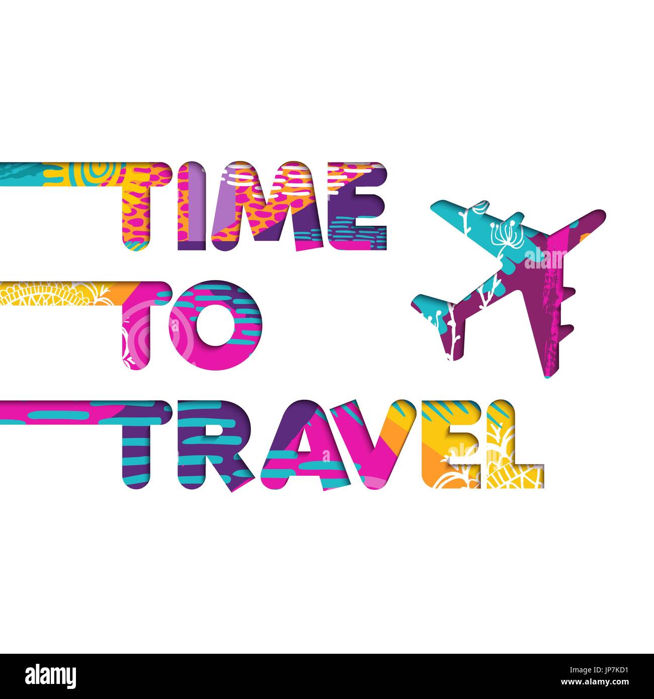 Time to travel text quote with plane in paper cut style. Colorful summer vacation typography. EPS10 vector. Stock Vector