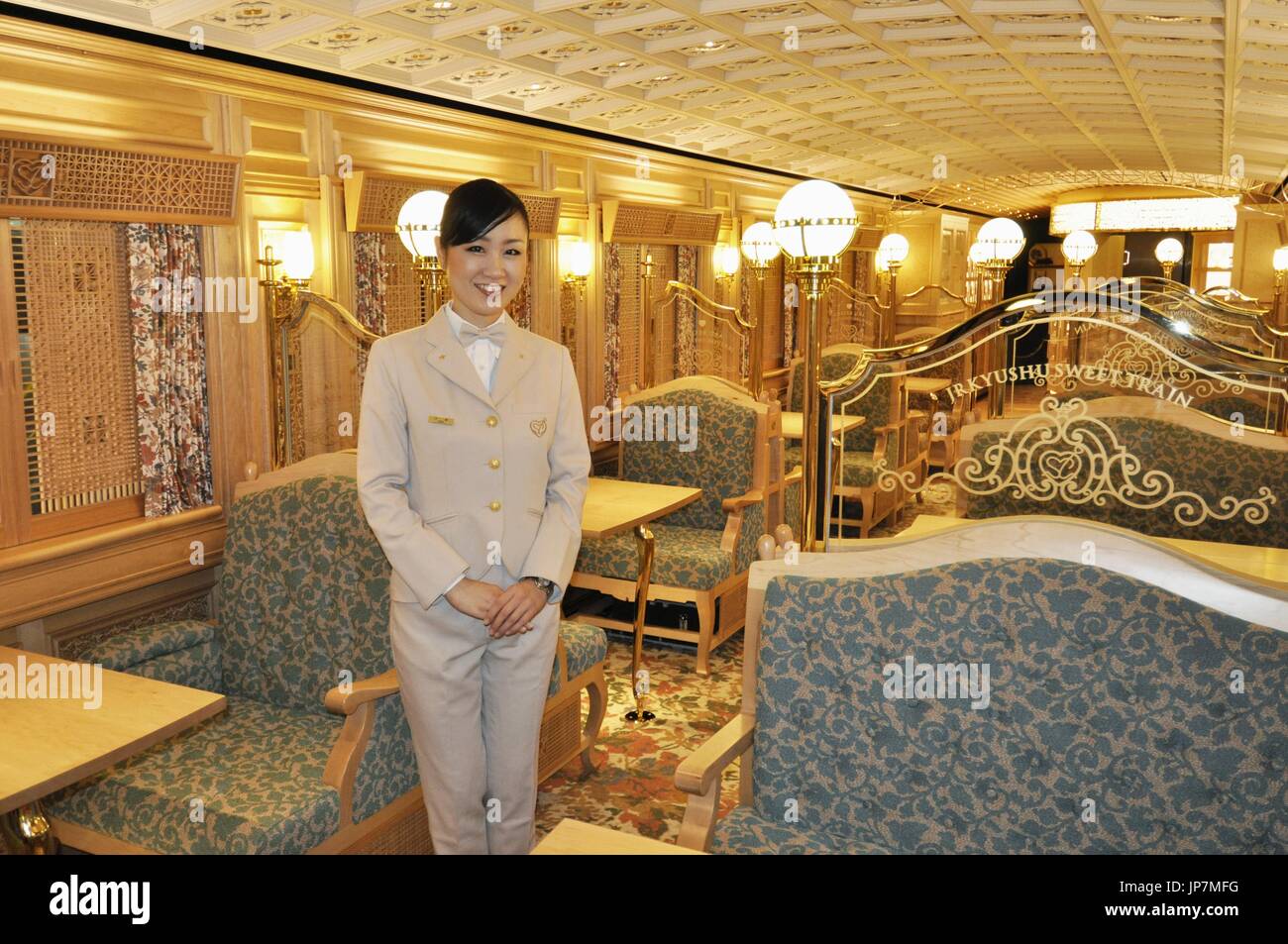 Kyushu Railway Co. shows the press a luxury sightseeing train, called ...