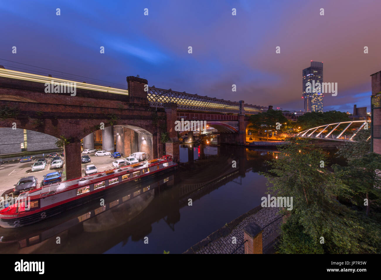 Evening view of the famous Castlefield Basin in Manchester, where the industrial revolution began. Stock Photo