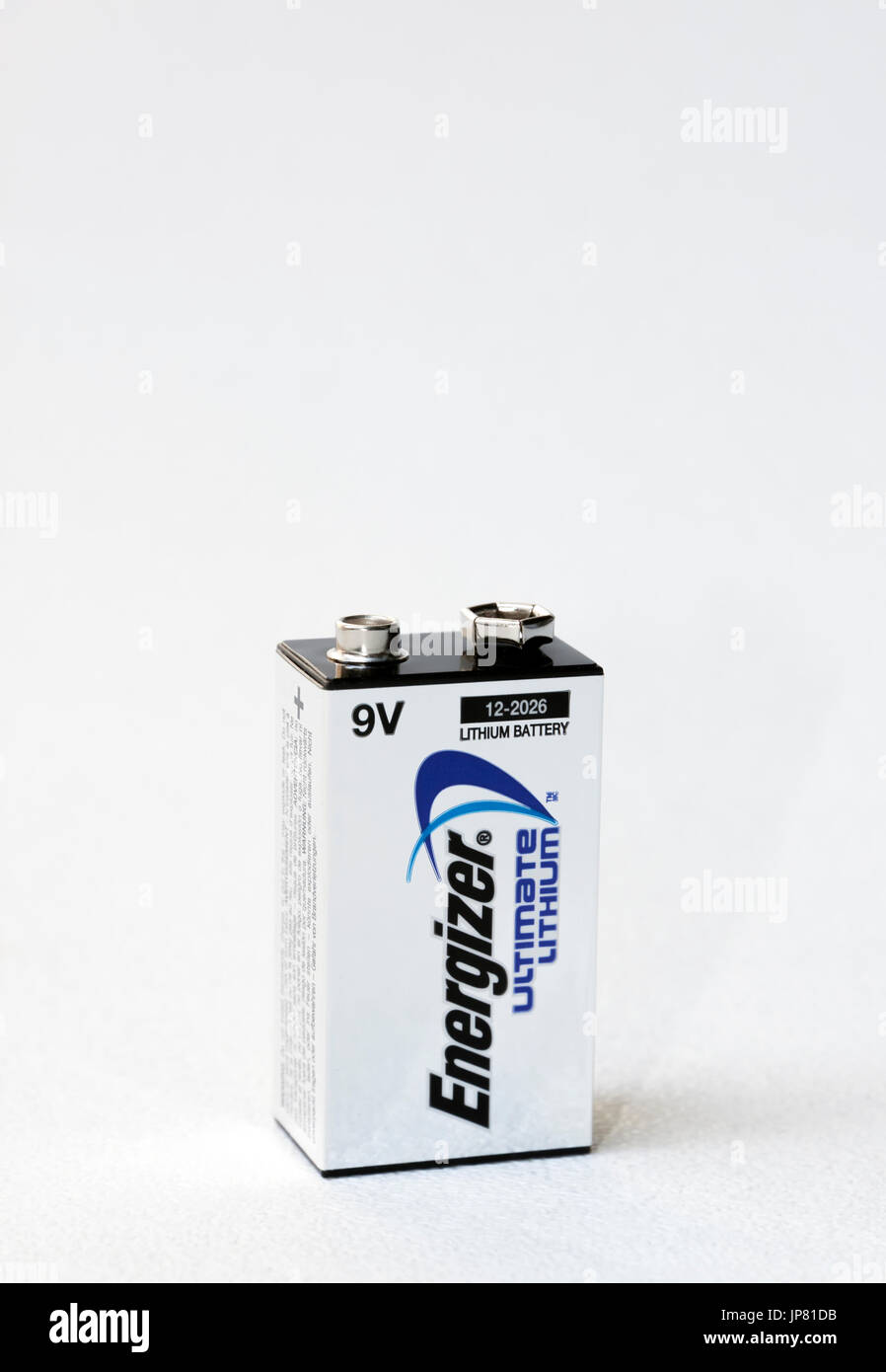 Lithium 9 volt battery used in smoke detectors, clocks, toys, cameras, audio, music equipment, etc. Stock Photo