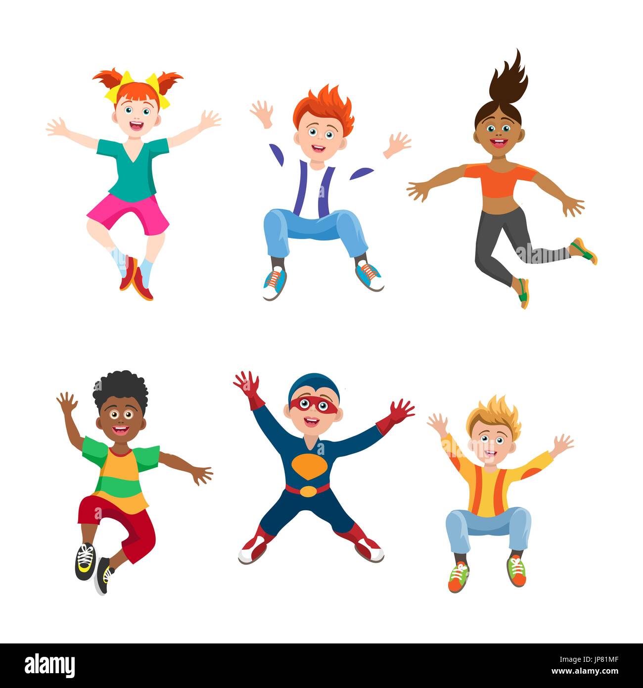 Happy jumping girls and boys isolated on white background, vector ...