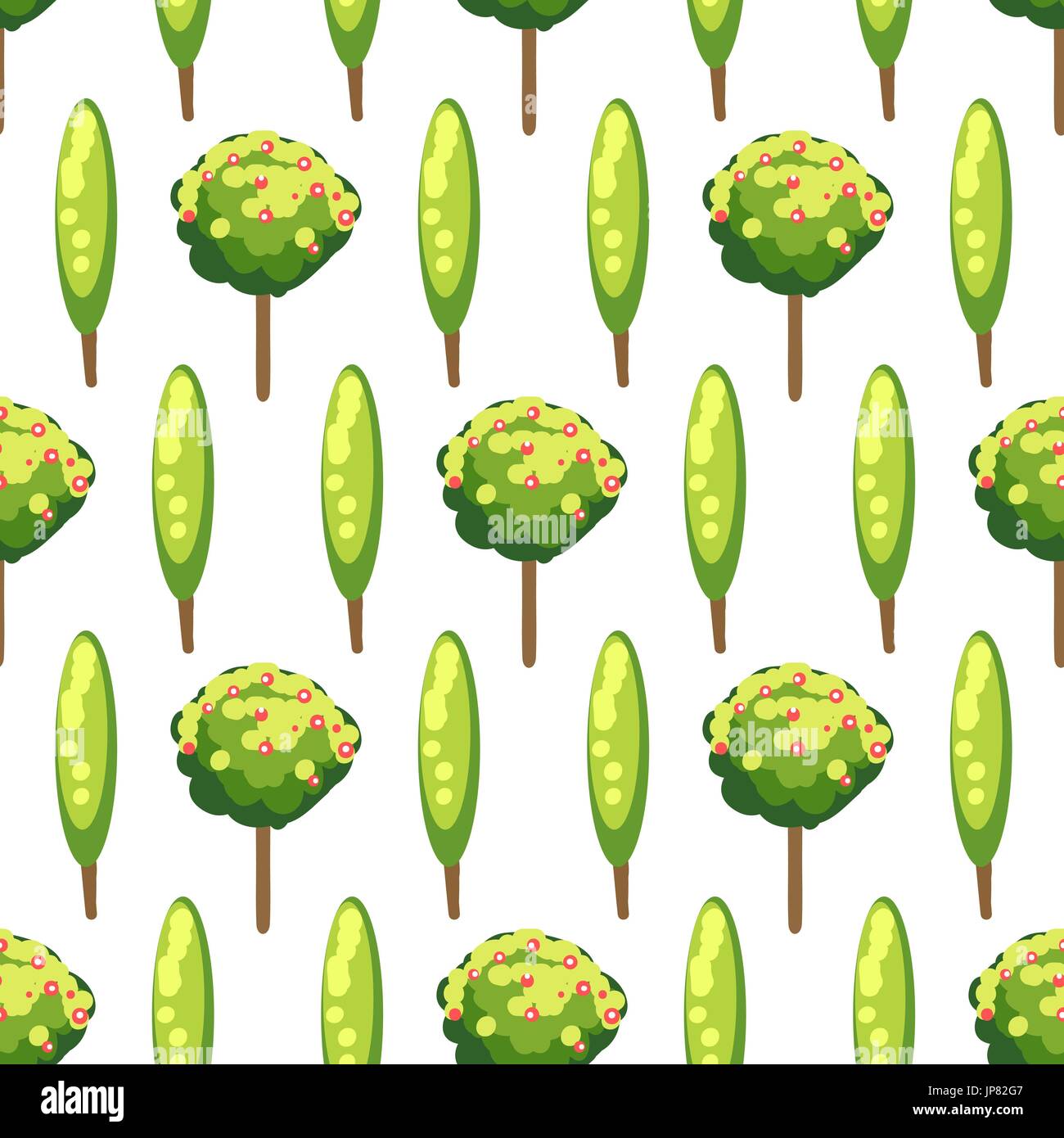 Nature seamless pattern with green apple trees and cypresses, vector illustration Stock Vector