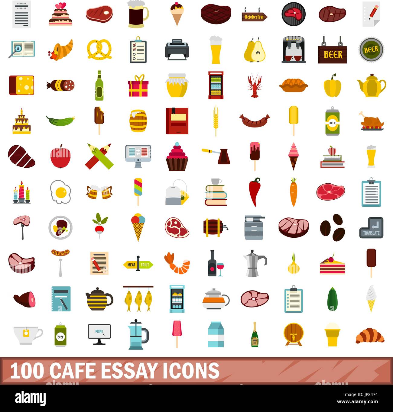 100 cafe essay icons set, flat style Stock Vector