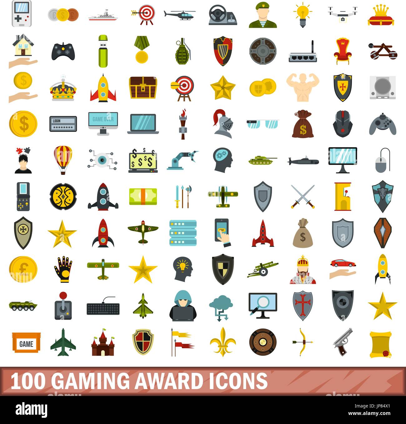 100 gaming award icons set, flat style Stock Vector