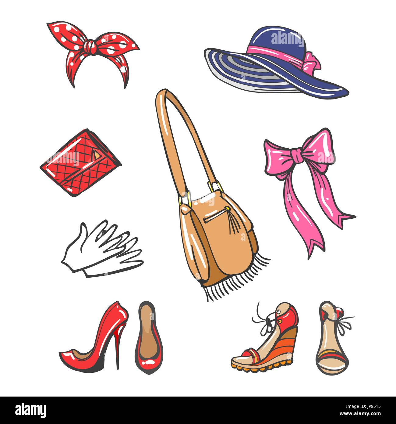 Girls fashion accessories isolated on white background. Vector colorful  cartoon shoes, hat, bags Stock Vector Image & Art - Alamy