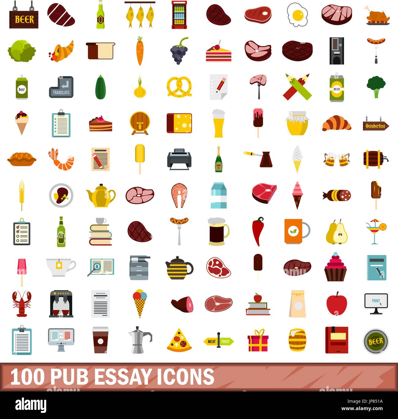 100 pub essay icons set, flat style Stock Vector
