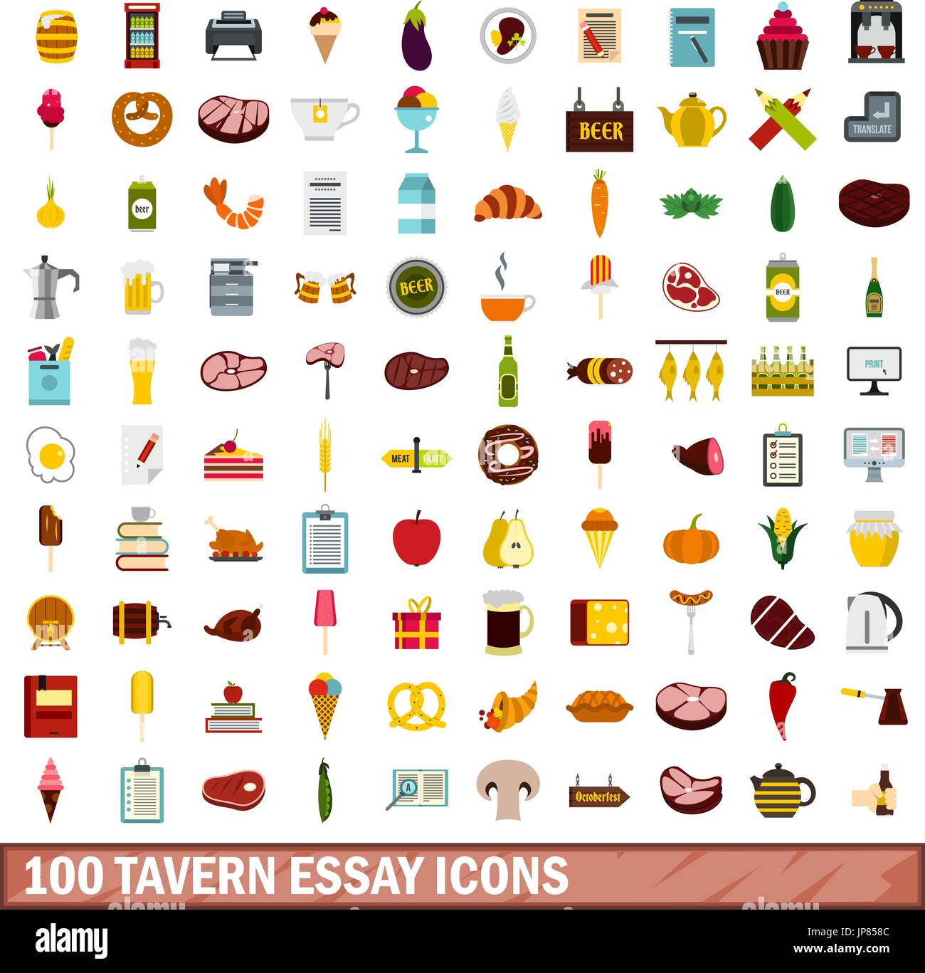100 tavern essay icons set, flat style Stock Vector