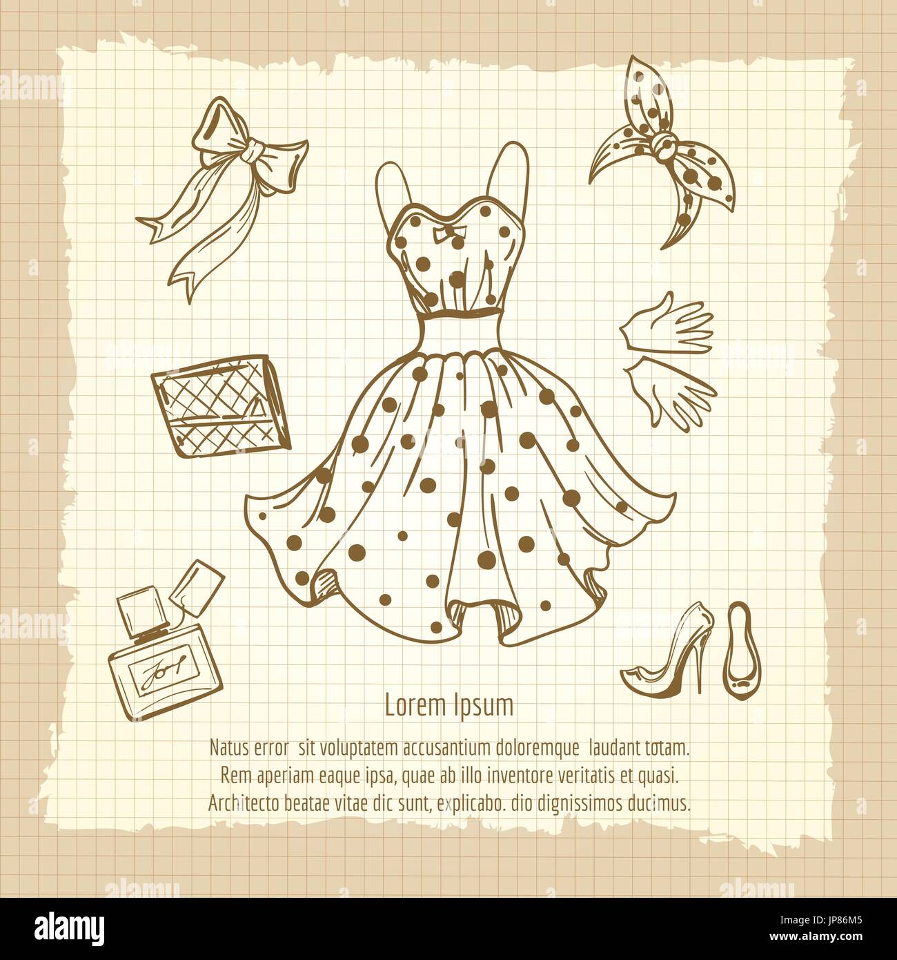 Retro woman fashion look on vintage background. Vector polka dot dress, shoes, clutch, perfume sketch Stock Vector