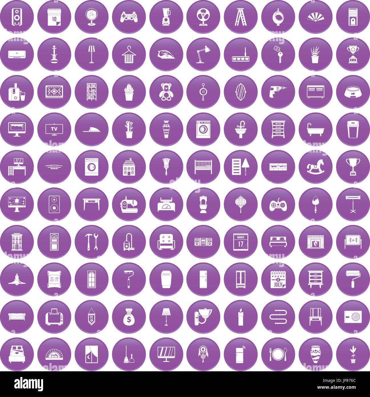 100 home icons set purple Stock Vector