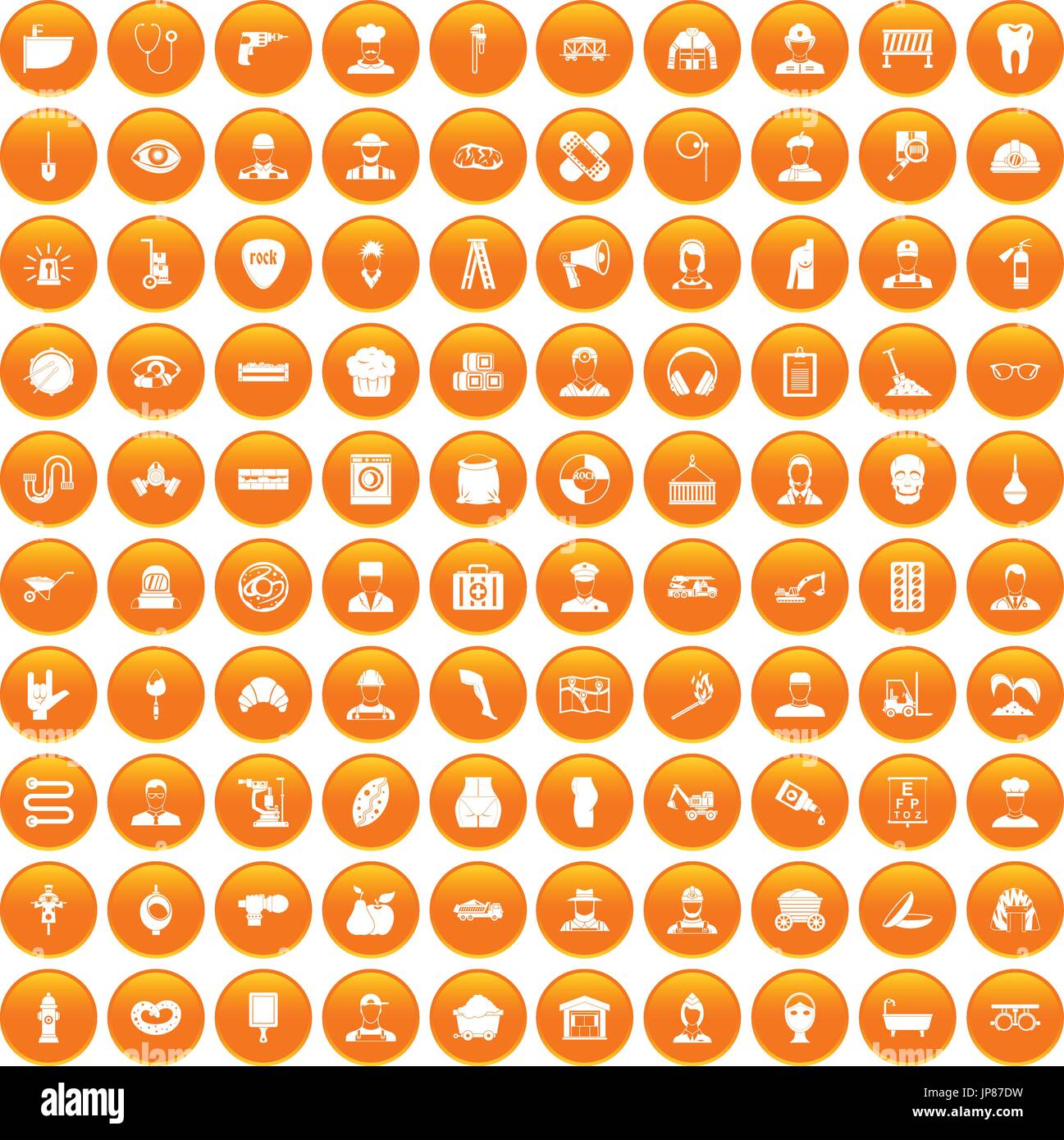 100 different professions icons set orange Stock Vector