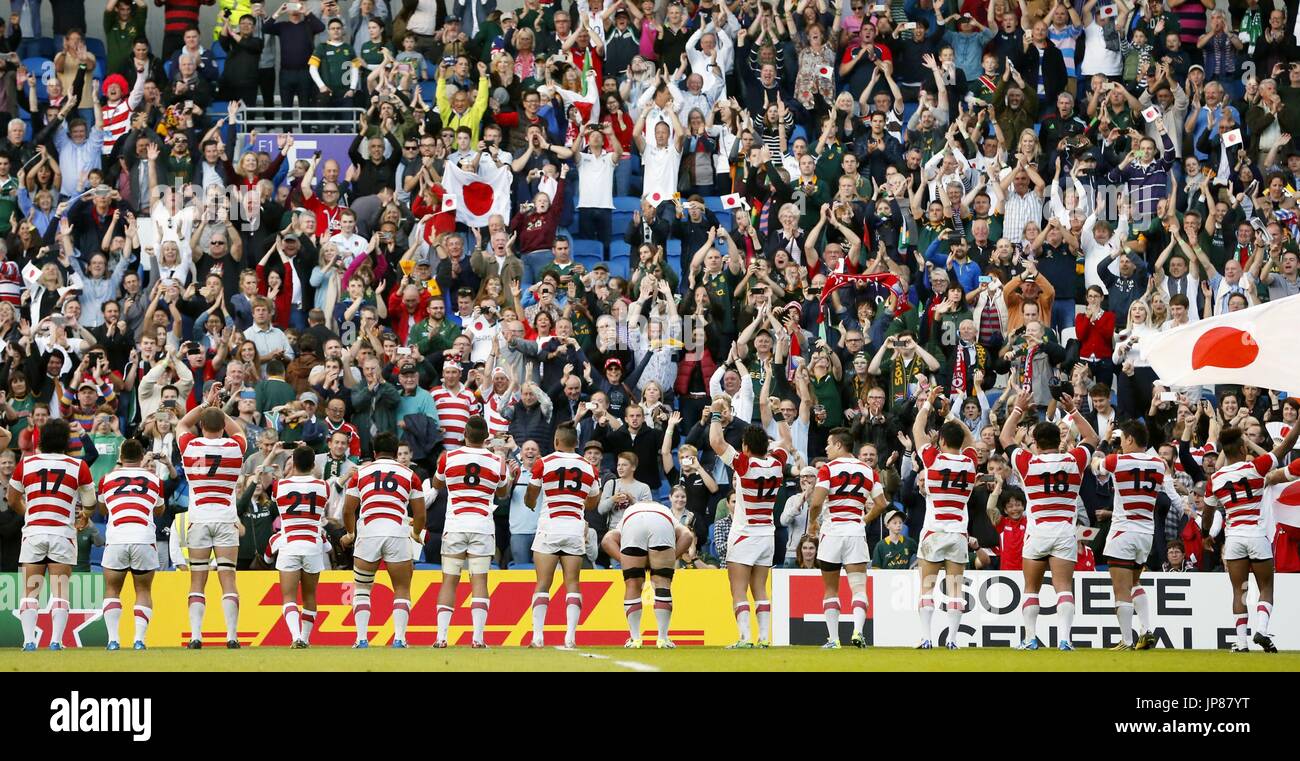Community Rugby Crowd Japan players greet the cheering crowd after beating South Africa 34-32 ...