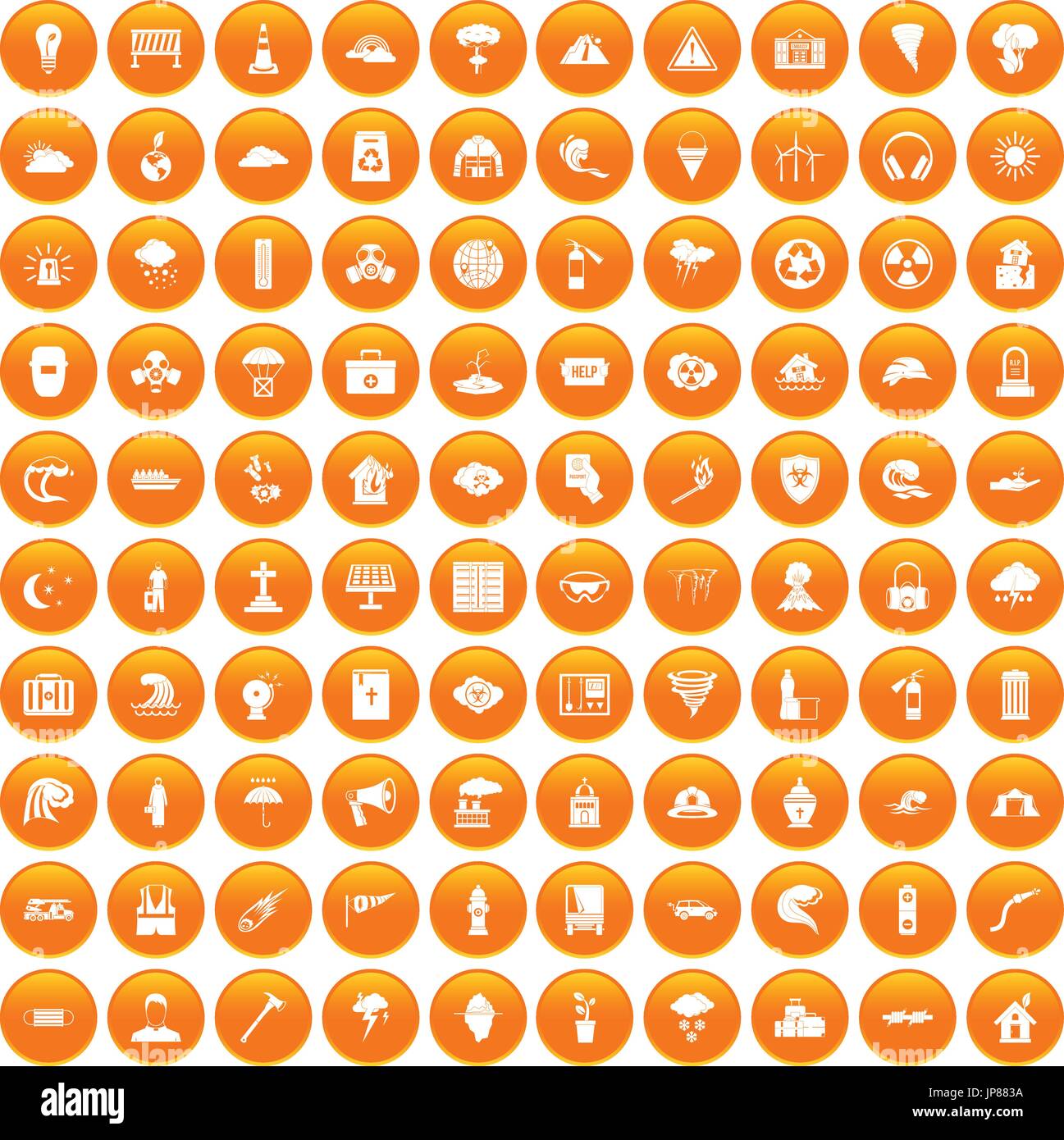 100 disaster icons set orange Stock Vector