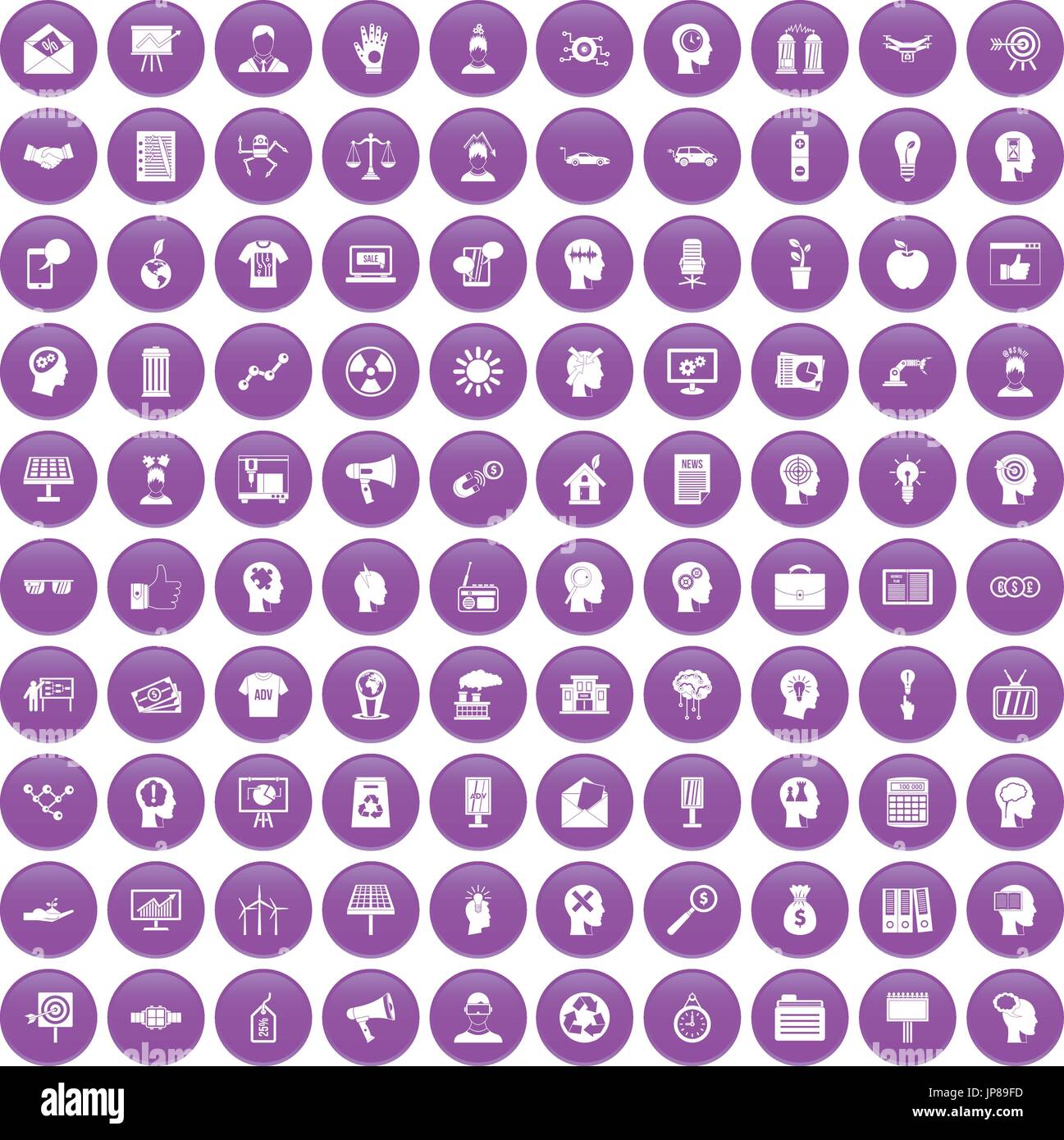 100 idea icons set purple Stock Vector